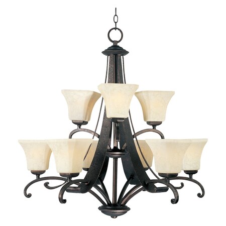 Maxim Nine Light Frost Lichen Glass Rustic Burnished Up Chandelier 21066FLRB